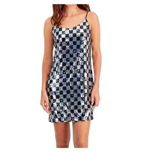 Bar lll Printed Mesh Mock-Neck mini Dress black grey With Side Slit Size Xl